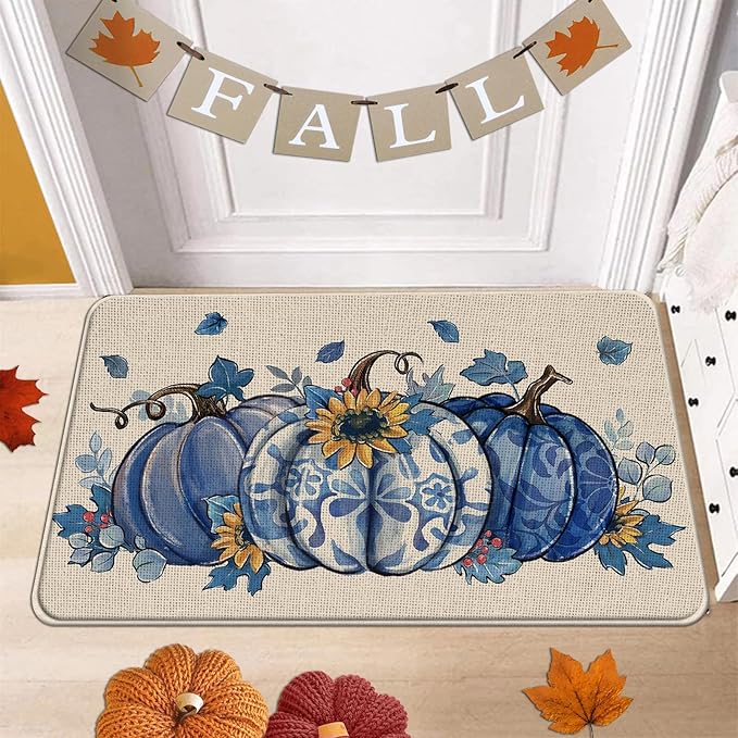 Fall Blue and White Porcelain Pumpkin Kitchen Rugs Set of 2, Autumn Sunflower Kitchen Mats Decor, Thanksgiving Seasonal Floor Door Mat Home Decorations - 17x29 and 17x47 Inch