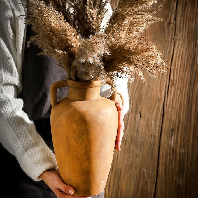 Large Ceramic Vase with 2 Handles, 11.41 inch Terracotta Rustic Farmhouse Vase for Home Decor, Wide Mouth, Living Room Shelf Decor, Enterway, Wedding, Table Decoration