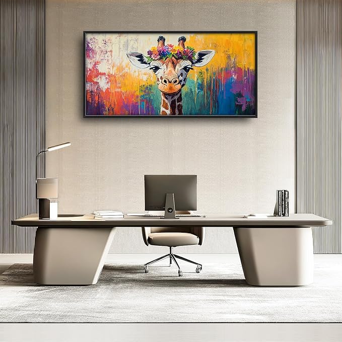 Framed Large Wall Art for Living Room, Banksy Deer Canvas Wall Decor, Large Giraffe Picture Framed Painting, Modern Artwork for Bedroom Office 60L'' × 30W''