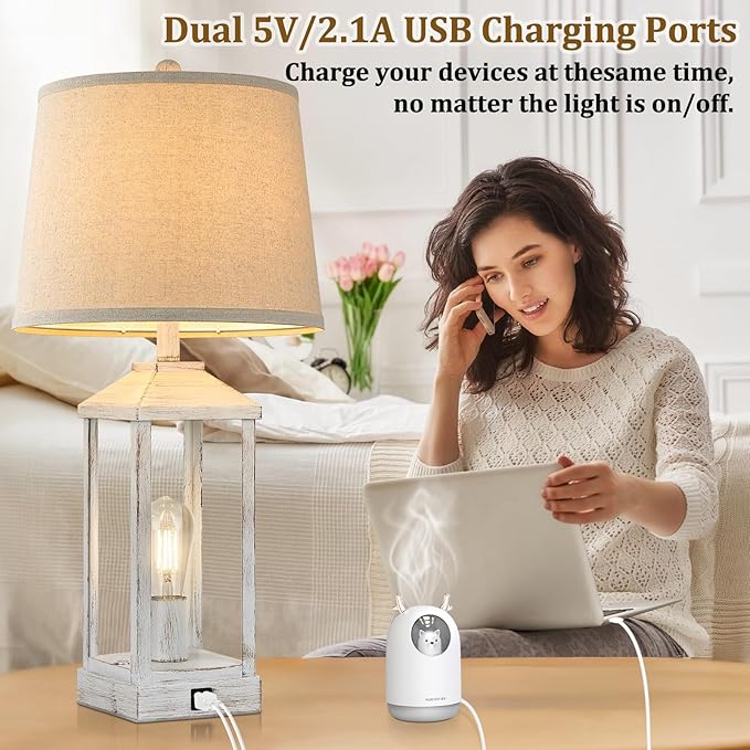 28" Bedside Table Lamp for Living Room, 3-Way Dimmable Touch Control Retro Nightstand Desk Lamp with 2 Light, White Rustic Farmhouse Lamp with USB Ports for Bedroom, Home, Office, 2 Bulbs Included