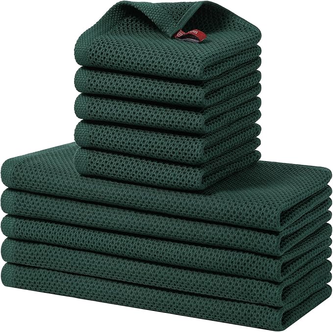 Homaxy 100% Cotton Kitchen Towels and Dishcloths Set, 12 x 12 Inches and 13 x 28 Inches, Set of 10 Bulk Kitchen Towels Set, Ultra Soft Absorbent Dish Cloths for Washing Dishes, Blackish Green