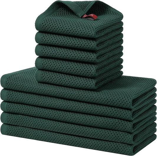 Homaxy 100% Cotton Kitchen Towels and Dishcloths Set, 12 x 12 Inches and 13 x 28 Inches, Set of 10 Bulk Kitchen Towels Set, Ultra Soft Absorbent Dish Cloths for Washing Dishes, Blackish Green