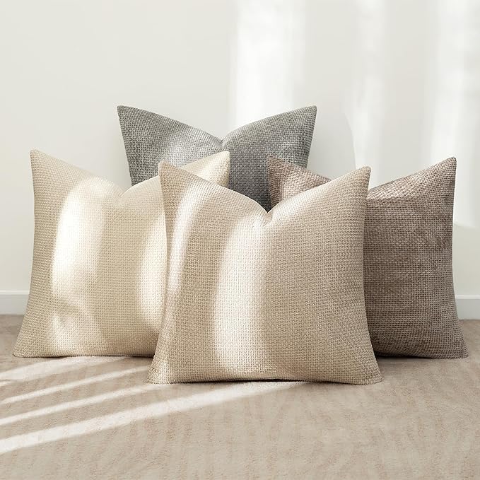 MIULEE Pack of 4 Couch Throw Pillow Covers 20x20 Inch Neutral Beige/Brown Soft Decorative Chenille Pillow Covers Farmhouse Accent Cushion Covers for Boho Home Decor Sofa Bedroom Living Room
