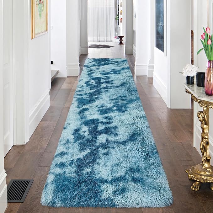 Super Soft Fluffy Living Room Area Rug 2x8 ft Tie-Dyed Light Blue Shaggy Furry Carpet Washable Non-Slip Floor Rugs Bedroom Bedside Nursery Rug Fuzzy Girls Boy Dorm Home Decor Aesthetic