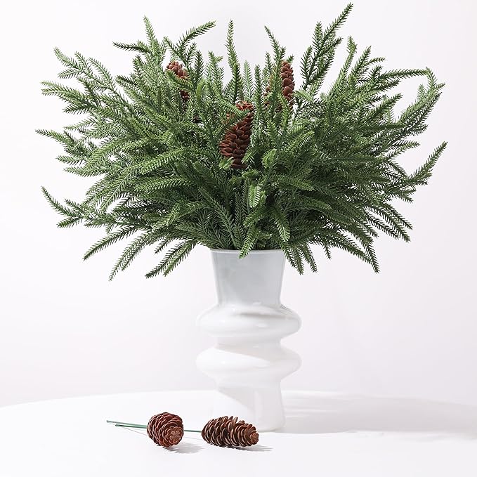 Artificial Christmas Norfolk Pine Stems Branches for Vases,12 Bundles Faux Pine Branches with 5 PCS Big Pinecones Stems Fake Greenery Evergreen Real Touch for Holiday Winter Table Xmas Decor