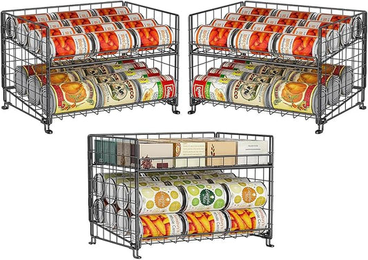 Adjustable Rack Organizer, Stackable 2-Tier Storage for Kitchen Pantry Cabinet, Can Holders for Food, Multifunctional Dispenser for Snacks Soda-3 Pack