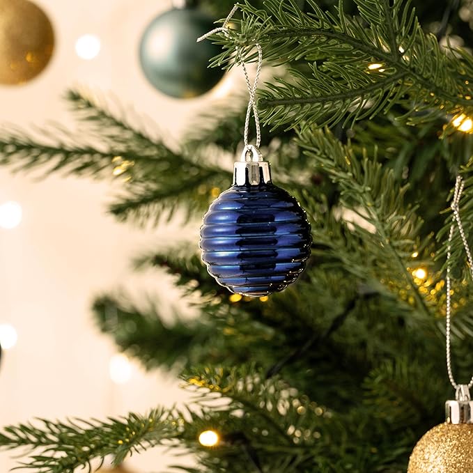 Valery Madelyn 1.57 Inches Small Christmas Tree Decorations Ornament Set for 4th of July Fall Halloween, 24ct Blue and Gold Shatterproof Hanging Ball Ornaments Holiday Party Decor