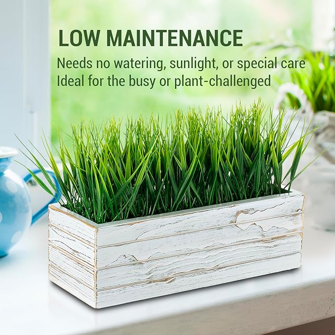 MyGift 14 Inch Artificial Green Grass Plant in Shabby White Washed Wood Planter Window Box - Faux Greenery in Rectangular Crate Style Wooden Container