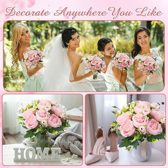 Geosar 2 Bundles Artificial Peonies Flowers Fake Silk Peony Bouquet Faux Peonies Flowers Bulk for Decoration Vase Florals Arrangements Wedding Party Table (Pink)