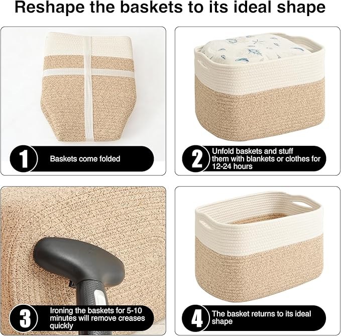Storage Baskets for Organizing & Shelves, Woven Cotton Rope Organization Bins for Dog Toys, Clothes, Books, Nursery Organizer, 15" Lx11''Wx9.5''H, (4 Packs) Off White & Brown