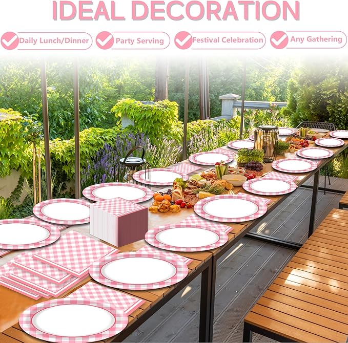 Pink Gingham Party Oval Paper Plates 11inch Pink & White Checkered Plates and Napkins, Plaid Birthday Decoration for Girls Women Party Supplies BBQ Gathering Picnic Tableware, 25 Guest