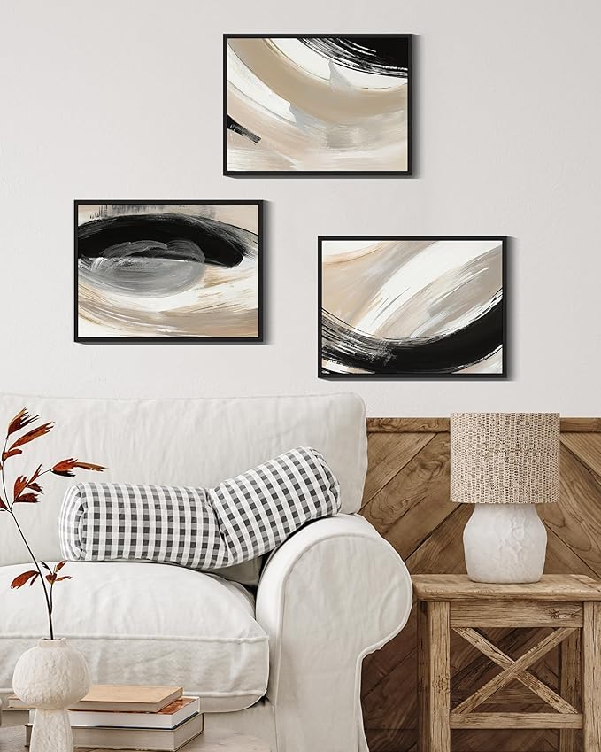 KUVIOKE Black Neutral Abstract Framed Wall Art Modern Minimalist Graffiti Pastel Wall Decor Art for Bedroom Living Room Hallway Ready to Hang 11x14in (Black Framed)
