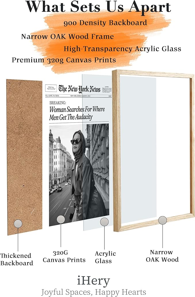 iHery Natural OAK Wood Newspaper Trendy Framed Wall Art, 12x16 in Vintage Headline Canvas Print, Woman Searches for Where Men Get The Audacity Poster, New York News Beige Frame Logs Retro Set of 1