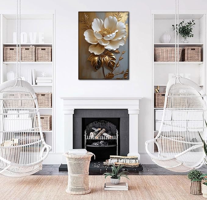 Flower Pictures Canvas Wall Art White Gold Flowers Elegant Wall Decor pictures 3D Retro Floral poster prints for Bedroom Bathroom Wall Decorations (16inx24in canvas)