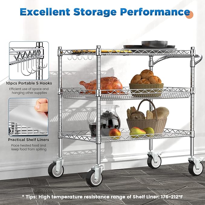 Leteuke Heavy Duty 3 Tier Rolling Utility Cart,NSF Certified 990Lbs Capacity Rolling Carts with Wheels,Commercial Grade Metal Cart with Handle Bar & Shelf Liner,Trolley Serving Cart for Kitchen,Chrome