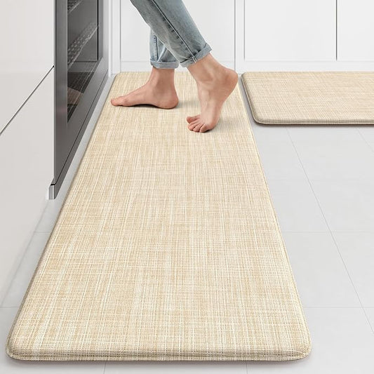 KIMODE Kitchen Mats Cushioned Anti Fatigue 17"x47"+17"x29", Beige Padded Kitchen Floor Mats Non Slip, Comfort Textilene Kitchen Mats for Floor, Standing Mat for Laundry Office Sink Desk