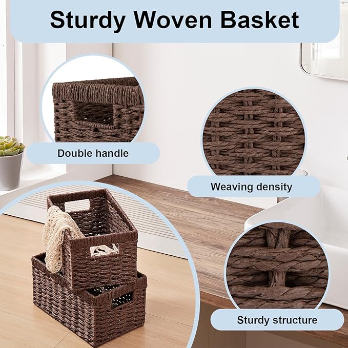 OIAHOMY Wicker Baskets, Paper Rope Storage Baskets for Organizing with Built-in Handles, 2 Packs-Brown