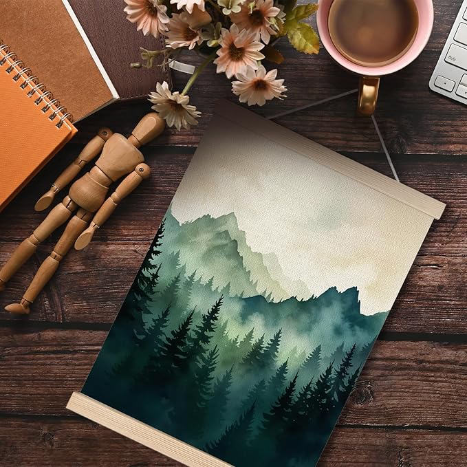 FITIE Misty Foggy Green Mountain Forest Canvas Wall Art Poster, Nature Room Decor, Dark Green Pine Forest Landscape Scenic Wall Decor Prints for Home Bedroom Living Room, 12x16 Inches