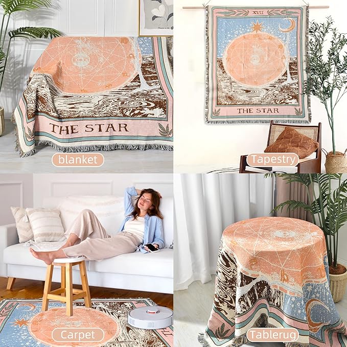Boho Throw Blanket Reversible Cotton Bohemian Tapestry Hippie Room Decor Double Sided (Boho The Star 50"x60")