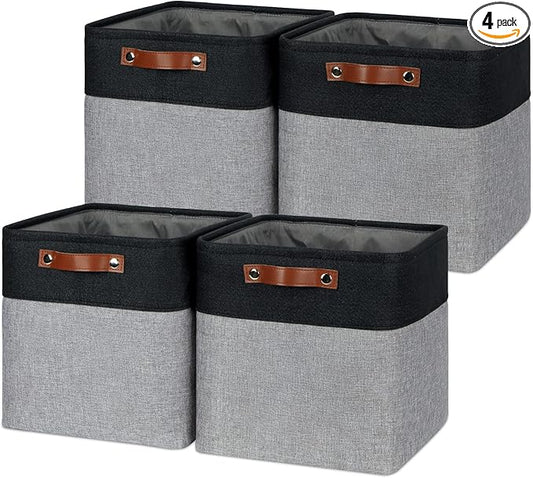 Temary Storage Baskets 12x12 Fabric Cube Storage Bins, 4 Pack Large Baskets with Handles, Baskets for Organizing Towels, Blankets, Collapsible Storage Basket (Black&Gray)