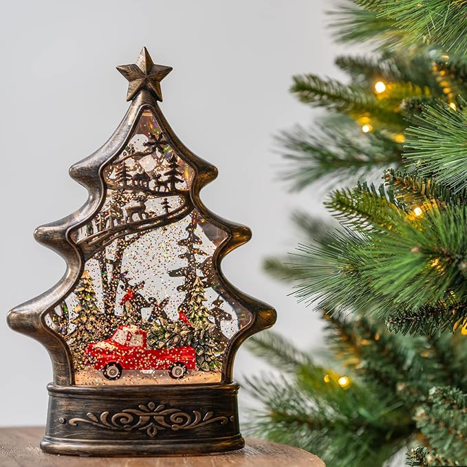 Christmas Snow Globe Lantern Water Glittering Christmas Tree with Red Truck, USB Lined/Battery Operated Lighted Lantern for Christmas Festival Decoration Gifts
