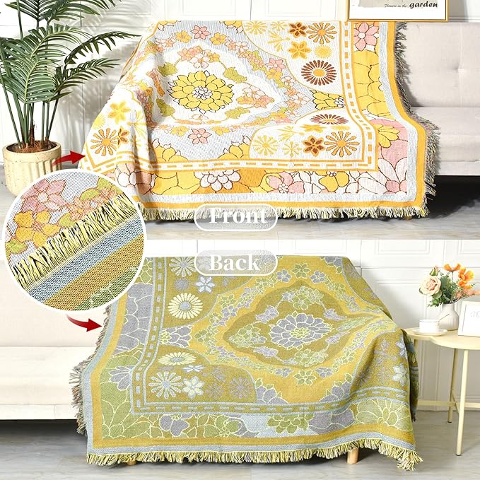 Boho Throw Blanket Reversible Cotton Bohemian Tapestry Hippie Room Decor Outdoor Blanket Double Sided (Boho Yellow Flower 50"x60")