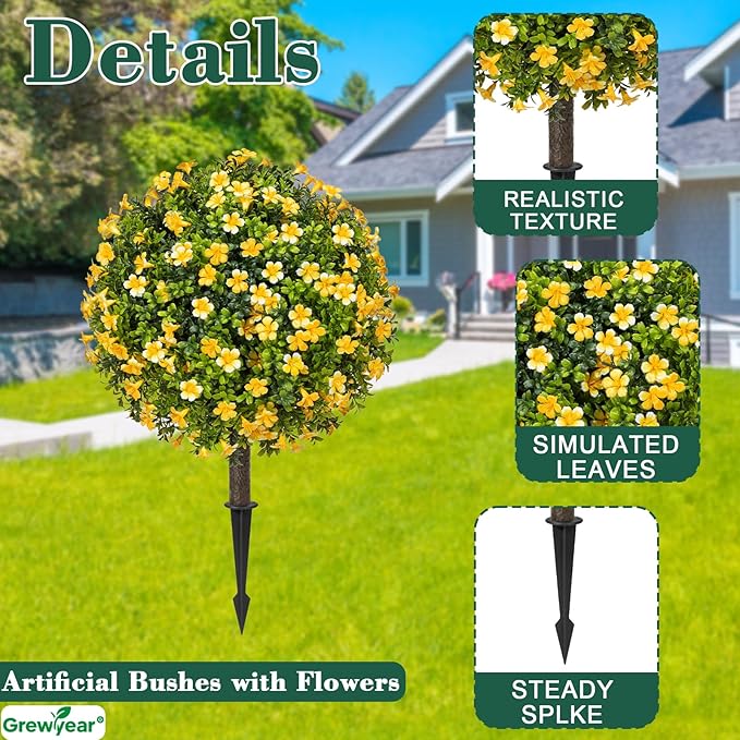 Fall Artificial Topiary Ball Trees with Spike Set of 2, Fall Faux Boxwood Plants for Outdoor Planters, UV Resistant Artificial Outdoor Shrubs, Fake Bushes for Porch, Garden, Patio Decor