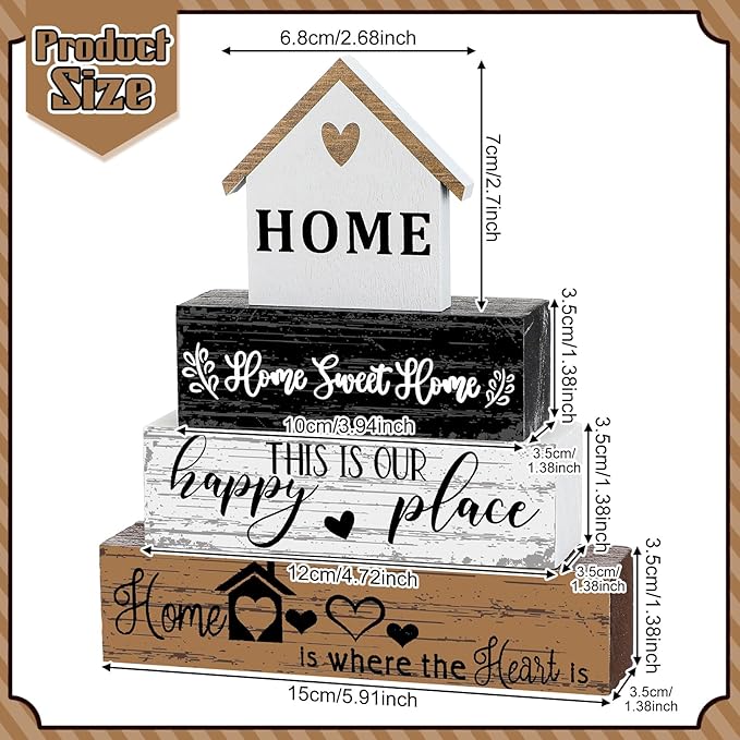 Geelin 4 Pcs Farmhouse Wooden Tabletop Decor Sweet Home Tiered Tray Decor Rustic Home Wood Sign Neutral Decorations for Wood Block Sign Coffee Shelf Desk Centerpiece Decoration