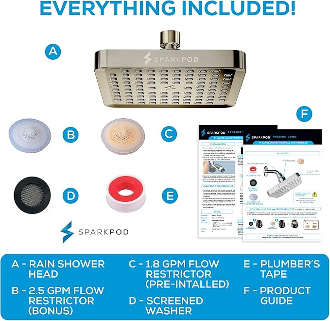 SparkPod Shower Head - High Pressure Rain - Premium Quality Luxury Design - 1-Min Install - Easy Clean Adjustable Replacement for Your Bathroom Shower Heads (Elegant Brushed Nickel, 6 Inch Square)