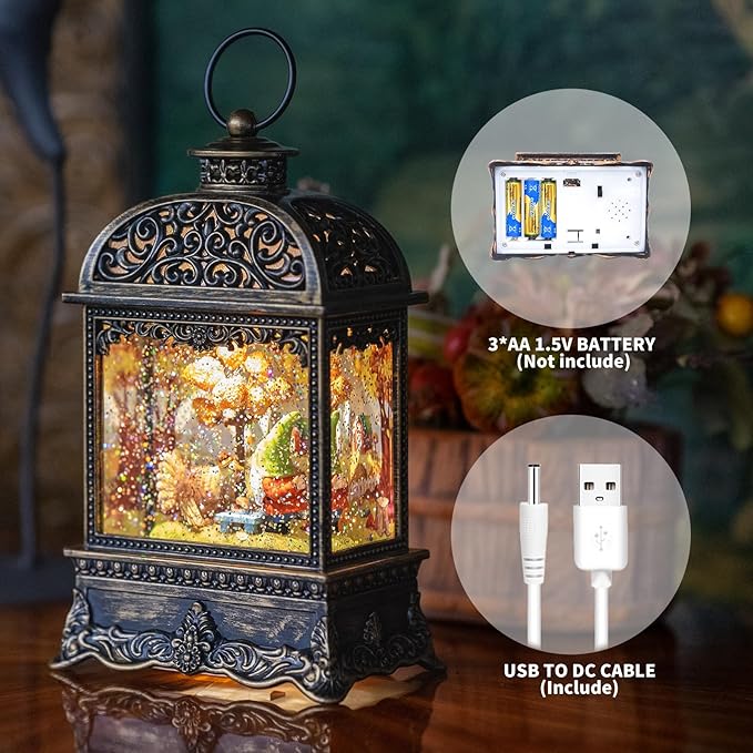 Fall Decor Snow Globe Lantern, Thanksgiving Decoration Swirling Glitter Gnome Snow Globe with Turkey, Harvest Day Gifts, Home Fall Halloween Decor