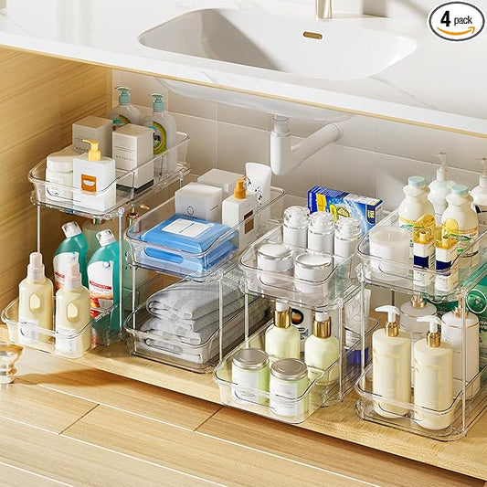 Delamu 4 Pack Bathroom Organizers and Storage, 2 Tier Clear Under Sink Organizer, Pull Out Medicine Cabinet Organizer