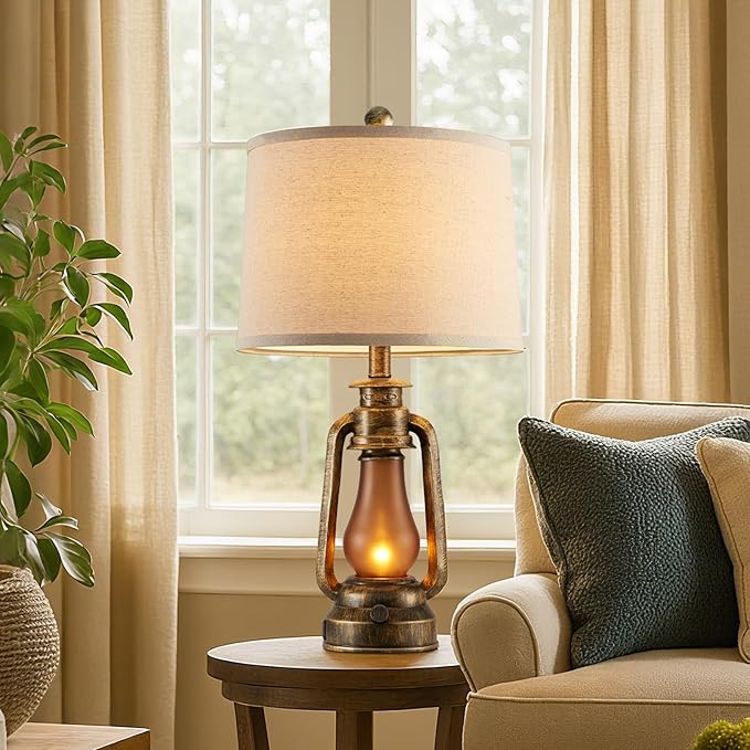 RORIANO 25" Set of 2 Rustic Lantern Table Lamps for Living Room Bedroom, 2 USB Ports Farmhouse Vintage Bedside Desk Lamp Nightlight for Entryway Office End Table, 4 Bulbs Included