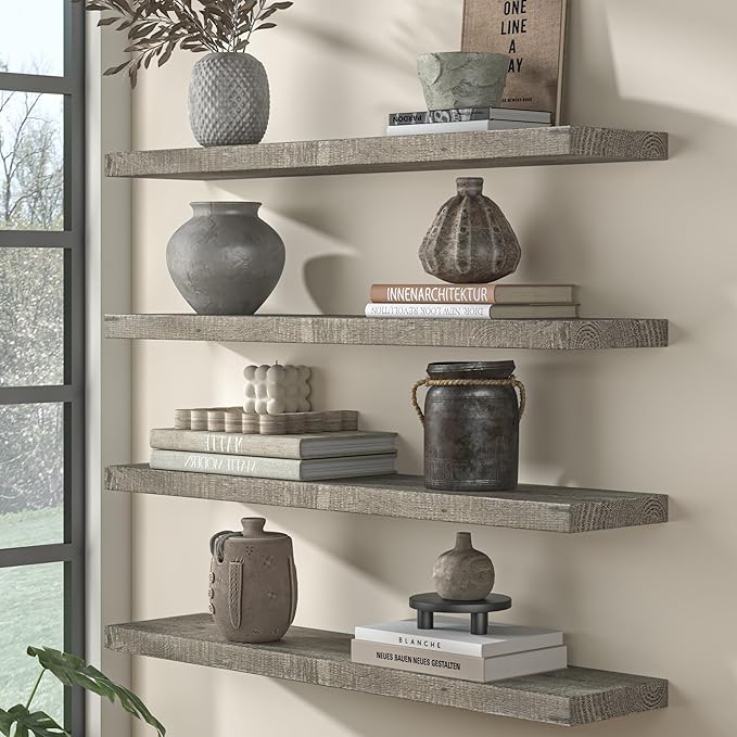 Fun Memories Floating Shelves for Wall Decor, 36"x8" Rustic Reclaimed Wood Shelves, Heavy-Duty Wall Mounted Shelves with Invisible Brackets, Set of 2for Living Room, Bedroom, Kitchen, Grey Finish