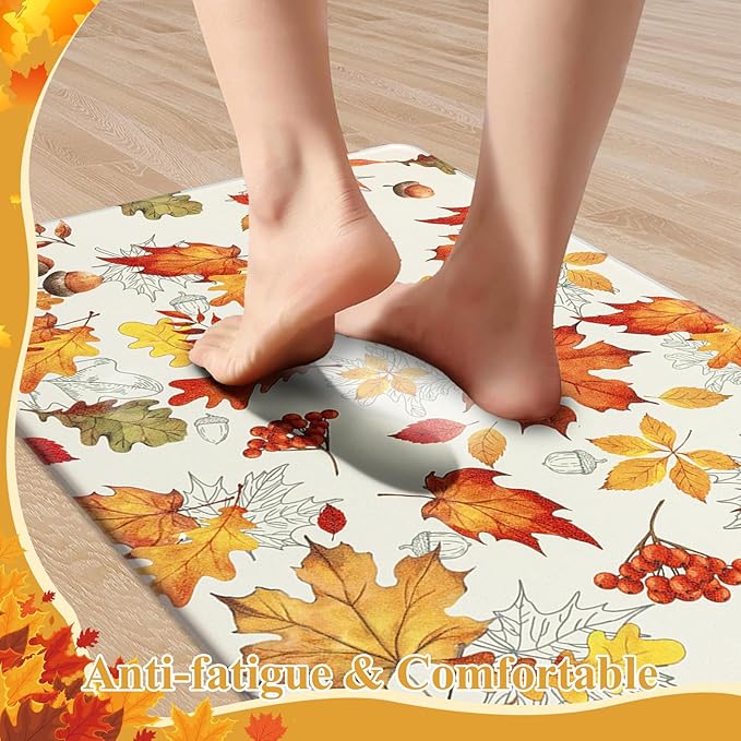 SHACOS Fall Anti Fatigue Kitchen Mats 2 Pcs Orange Maple Leaves Acorn Nuts Autumn Non Slip Cushioned Floor Mat for Kitchen Ergonomic Standing Mats Home Decor, 17x27.5+17x47, Maple & Acorn