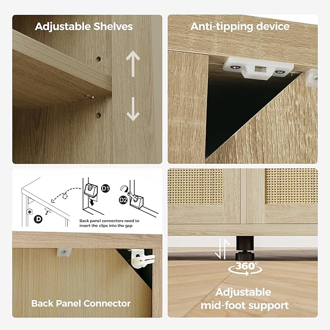Rattan Buffet Cabinet with Storage, Sideboard with Doors, TV Stand, Farmhouse Side Board Coffee Bar, Modern Wood Storage Cabinets for Livingroom, Kitchen and Dining Room (Oak)