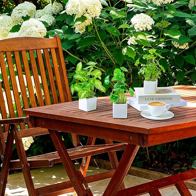 MyGift Set of 3 Artificial Plants, Faux Potted Plants Indoor, Small Fake House Plant in White Square Ceramic Pots for Shelf Decor