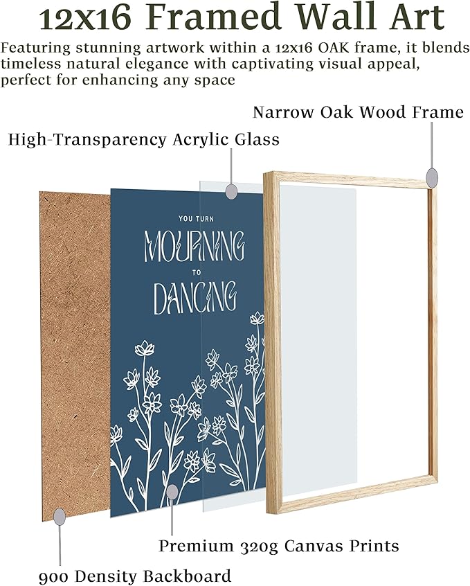 EcoHest OAK Wood Framed Wall Art, 12x16in Psalm 30:11 Mourning To Dancing Bible Verse Christian Wall Art, Modern Blue Bedroom Decor For Living Room Bathroom Christian Merch Gift 1Pack