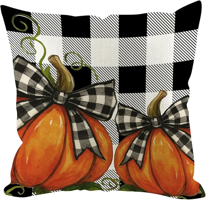 Fall Pumpkin Pillow Covers 18x18 inch Set of 4, Linen Autumn Outdoor Thanksgiving Harvest Farmhouse Buffalo Check Truck Orange Decorations for Sofa Couch