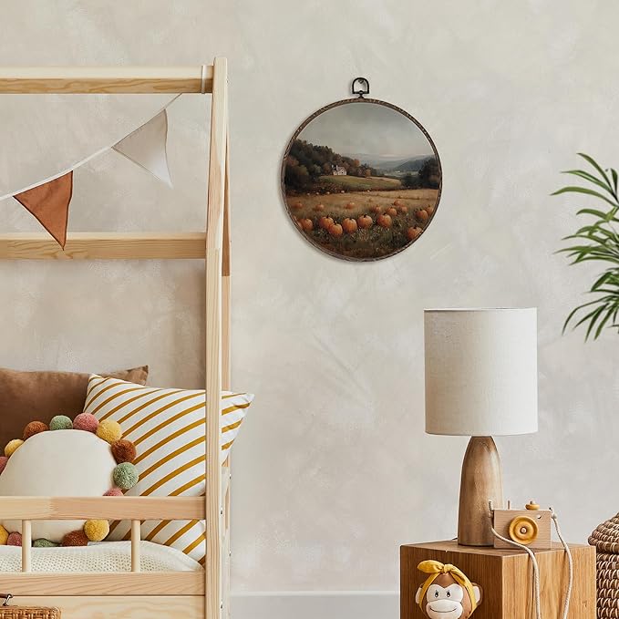 XNXLDYLH Rustic Fall Pumpkin Patch Round Framed Wall Art Decor, Farmhouse Hanging Wall Decor Decorations, Autumn Fall Landscape Canvas Prints Wall Art Pictures Paintings for Living Room, 10x10 Inches