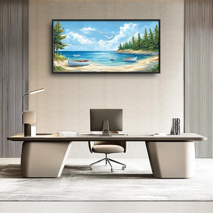 Framed Large Wall Art for Living Room, Beach Boat Canvas Wall Decor, Large Coast Sailboat Picture Framed Painting, Modern Artwork for Bedroom Office 60L'' × 30W''