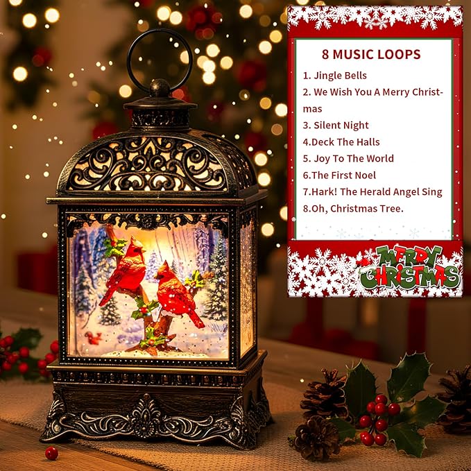 Christmas Snow Globe Lighted Cardinal Scene, Musical Snow Water Lantern Swirling Glittering Holiday Decoration and Gift for Family Children or Friends