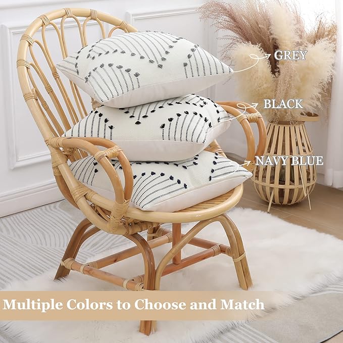 Mecatny Boho Outdoor Throw Pillow Covers 18X18 Set of 2, Farmhouse Decorative Pillow Covers for Couch Sofa Living Room, Black & Cream White