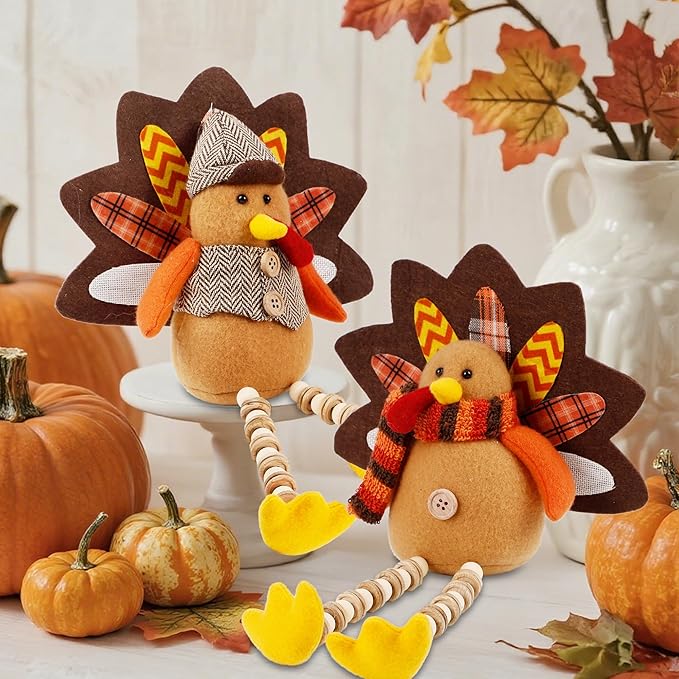 winemana Thanksgiving Decorations Set of 2 Turkeys with Dangling Legs, Mr and Mrs Turkey Couple Plush Tabletop Centerpieces for Fall Harvest Home Kitchen Shelf