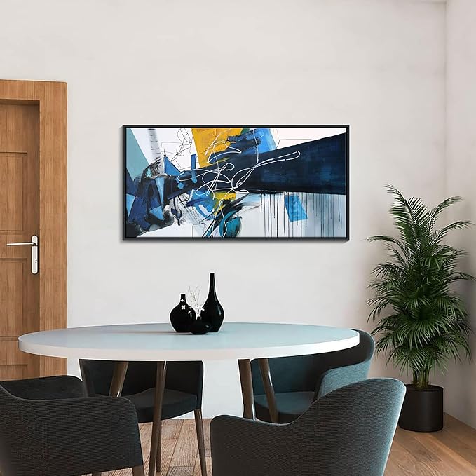 KLAKLA Modern Abstract Canvas Wall Art - Blue and white Framed Wall Decor Living Room Picture Artwork for Office Bedroom Decorative Paintings