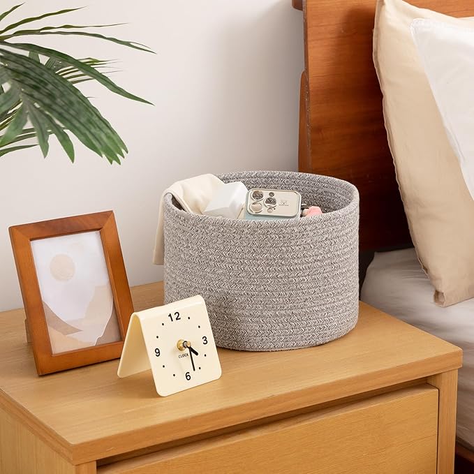 OIAHOMY Small Storage Baskets for Organizing,Closet Cube Shelf Storage, 9.8”×9.8”×7.1”, Woven Cotton Rope Gift Baskets for Nursery,Cute Dog Toy bins, Round 3 Packs, Grey