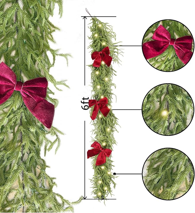 6ft Christmas Garland with Lights,Lighted Norfolk Pine Garland for Mantle,Prelit Real Touch Artificial Green Christmas Winter Garland with Large Burgundy Velvet Bow for Indoor Outdoor Decor