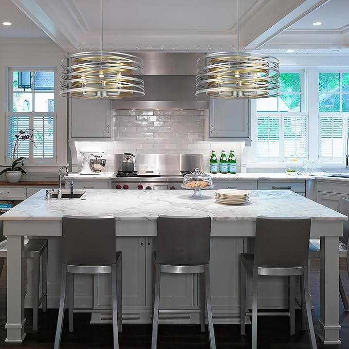 23.6'' Large Vintage Round Chandelier, 6-Light Modern Farmhouse Lantern Chandelier, Antique Double Drum Chandelier for Dining Room Entryway Kitchen Island Foyer, Silver with Gold Interior