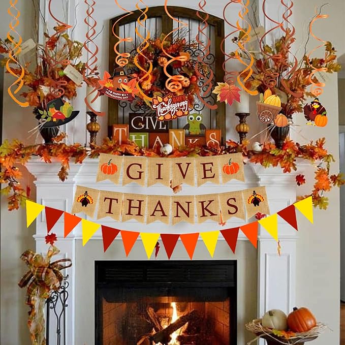 GIVE Thanks Burlap Banner Paper Triangular Bunting Maple Leaf Garland Plastic Streamer for Autumn Harvest Thanksgiving Day Party Decoration
