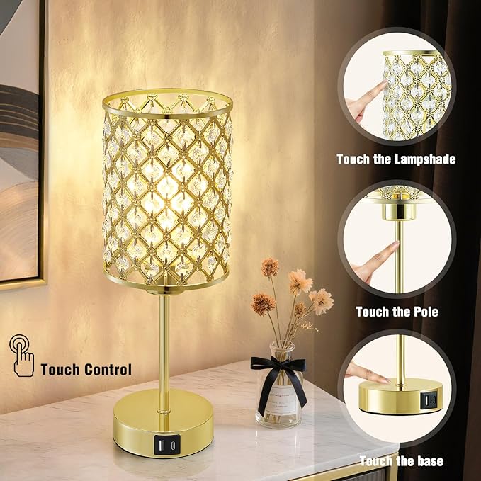 Crystal Table Lamps Set of 2, Gold Touch Lamp for Nightstand with USB C+A Ports, 3 Way Dimmable Small Bedside Lamp with Crystal Shade, End Table Desk Lamps for Bedroom, Living Room(Buld Included)