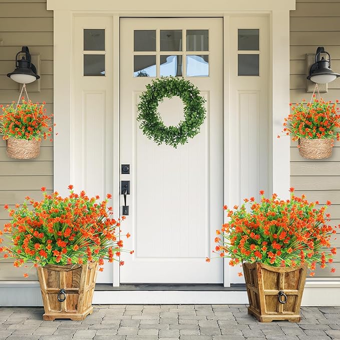 Sggvecsy Artificial Fall Flowers for Outdoors 24 Bundles UV Resistant Boxwood Shrubs Fake Plants for Autumn Harvest Thanksgiving Farmhouse Garden Home Indoor Outdoor Decoration(Orange)